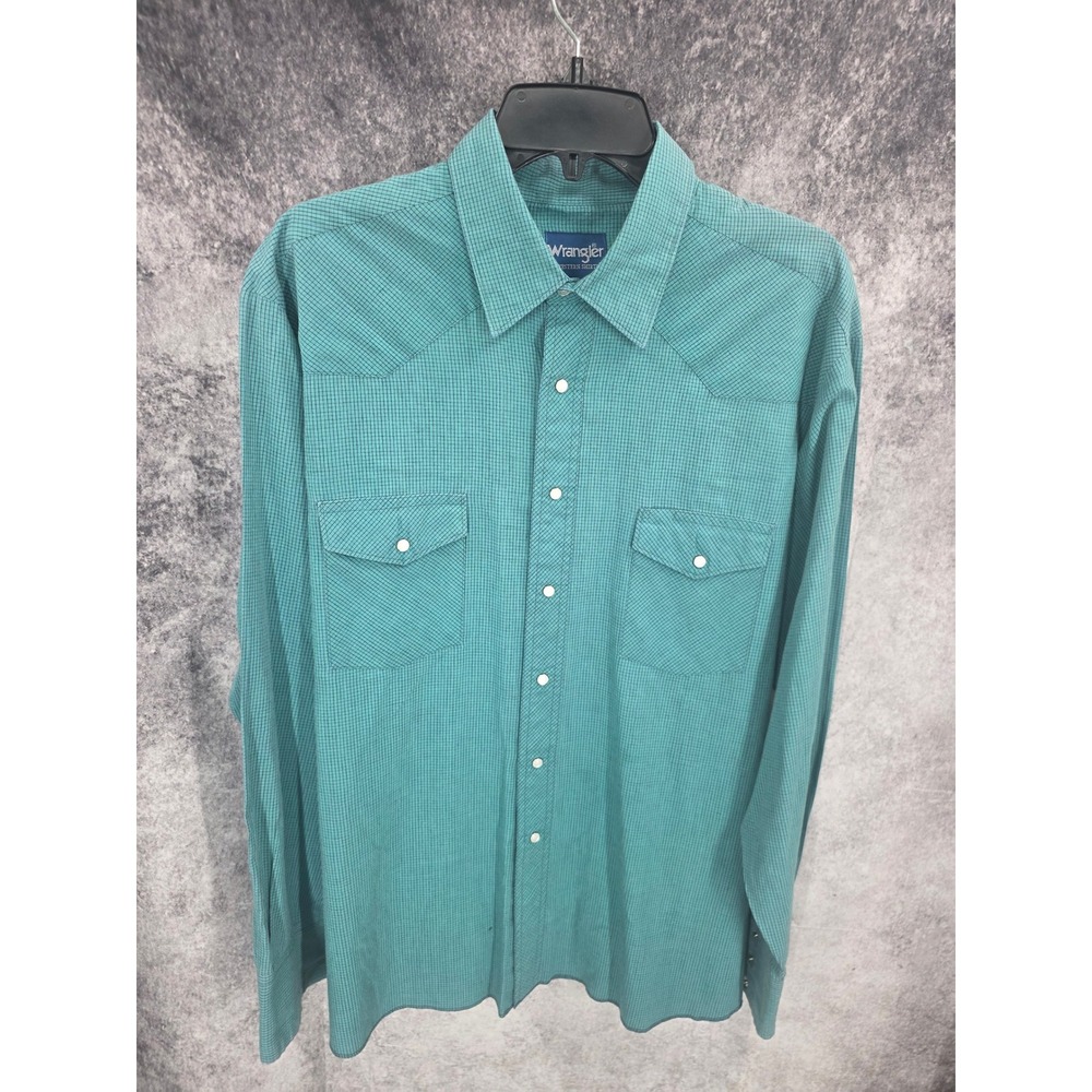 Vintage 90s Wrangler Western Shirt Men XL Teal Blue Windowpane Pearl Snap